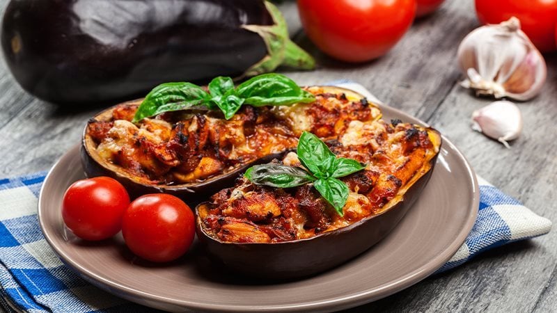 Melanzane ripiene con prosciutto e scamorza-1